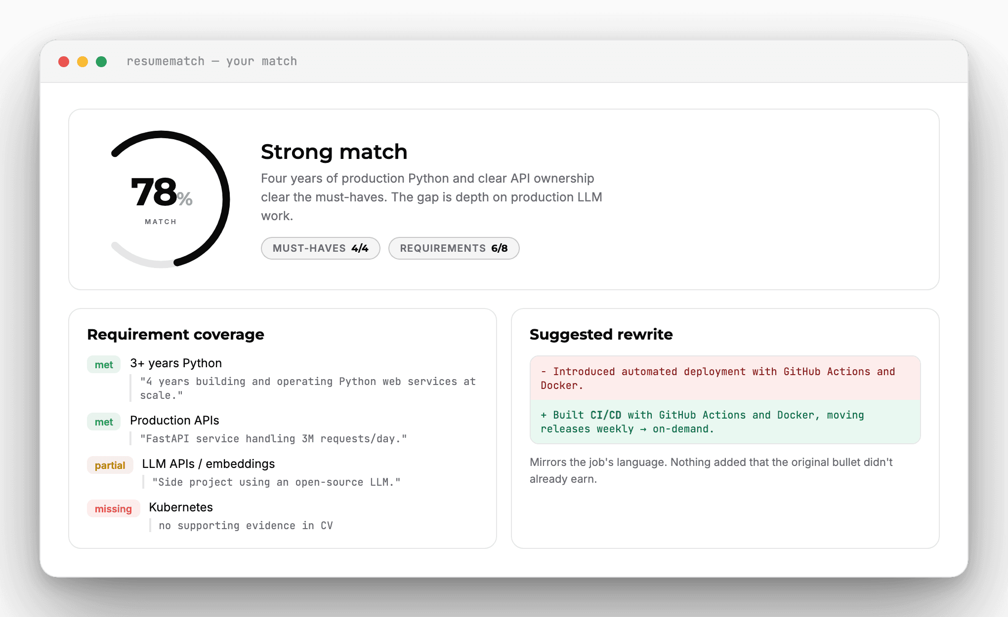 Example ResumeMatch result: 78% match with evidence-backed requirement coverage and a suggested rewrite